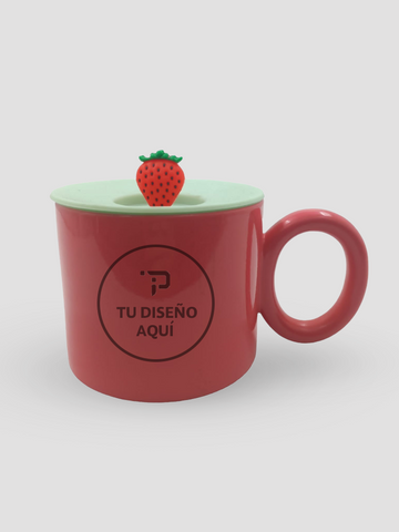 Mug chocolatero con tapa de frutas personalizable 16oz